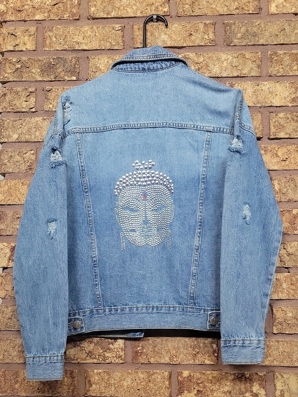 Hipchik Trucker Denim Jacket Y2K Boho Size Large USA Rhinestone Buddah Cotton